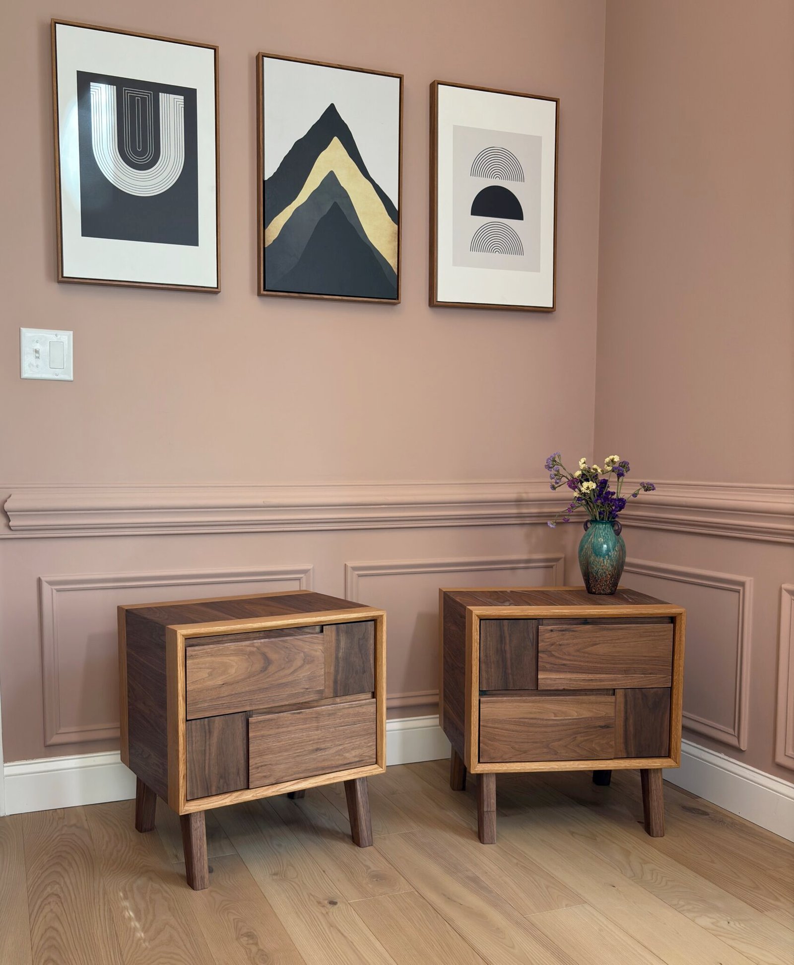 walnut nightstand, oak nightstand